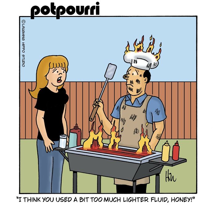 One-panel comic showing a man on fire at a grill in a humorous and silly situation by Laughing Hippo Studio.
