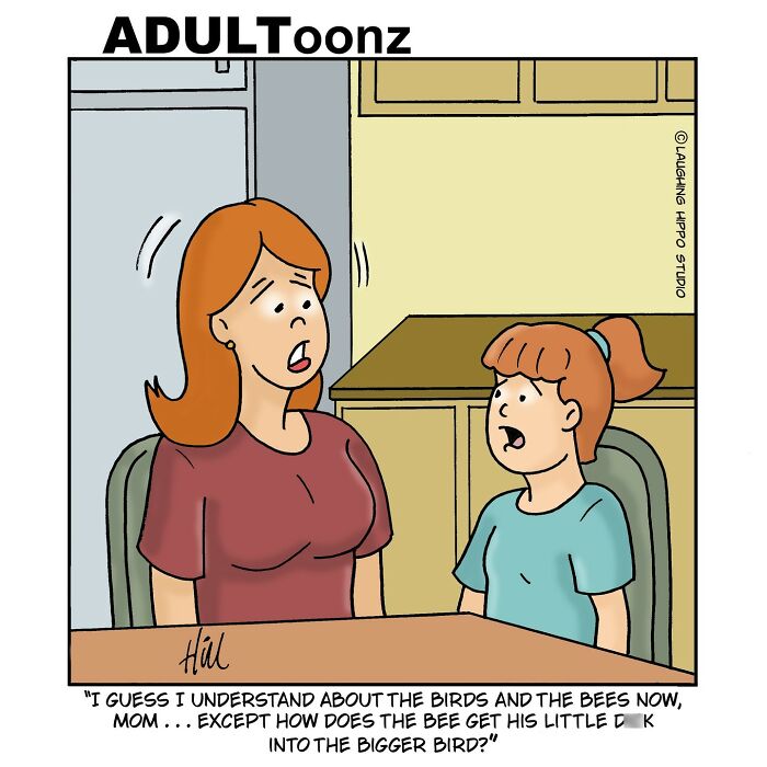 Cartoon from 100 new one-panel comics showing a humorous conversation between a mother and daughter about birds and bees.