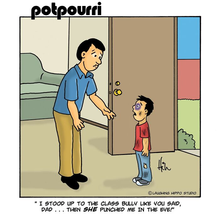 Cartoon from one-panel comics showing a father consoling his bruised son after standing up to a class bully.