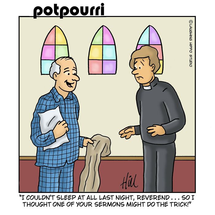 One-panel comic by Laughing Hippo Studio shows a man in pajamas humorously asking a reverend for help to sleep.