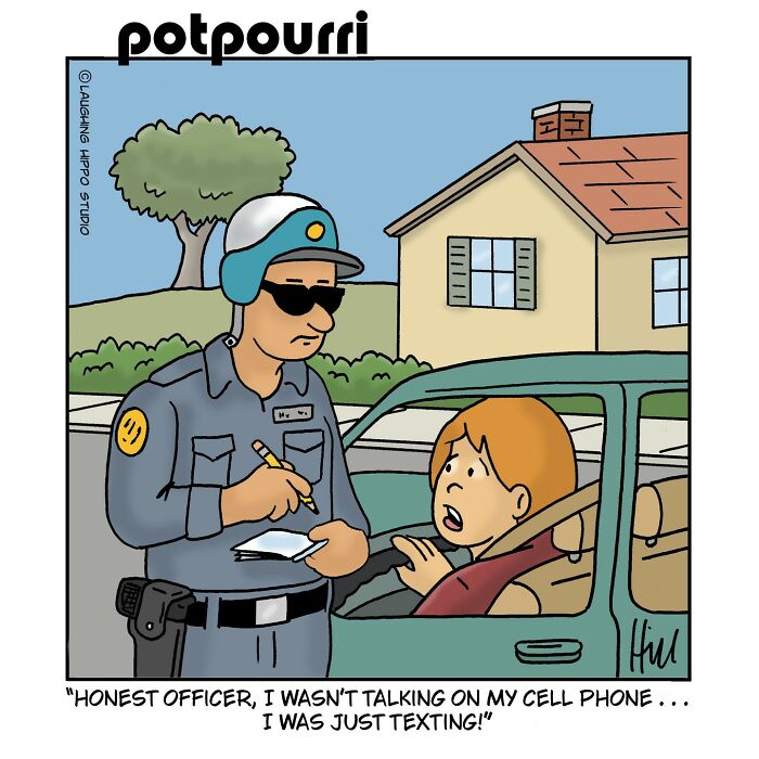 Police officer writing a ticket for driver in car in one-panel comic filled with humor and silly situations by Laughing Hippo Studio