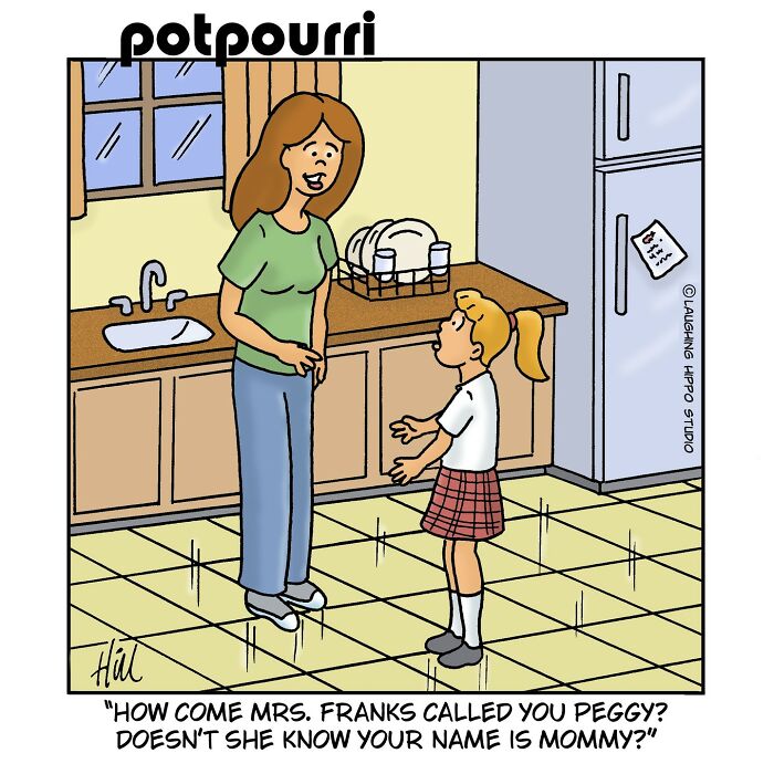 One-panel comic showing a humorous kitchen scene with a mother and child by Laughing Hippo Studio.