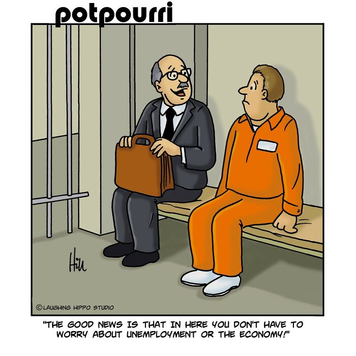 One-panel comic by Laughing Hippo Studio showing a prisoner and a man in a suit humorously discussing unemployment.