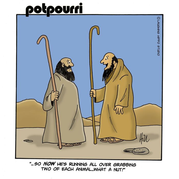 Two bearded men in robes holding staffs in a desert, part of a humorous one-panel comic by Laughing Hippo Studio.