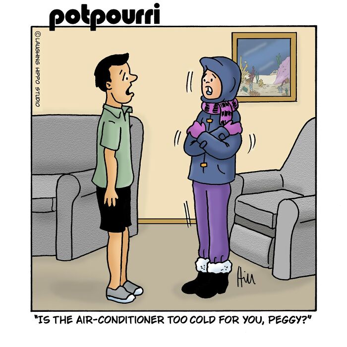 Man in summer clothes talks to woman bundled up in winter clothes in a humorous one-panel comic by Laughing Hippo Studio.