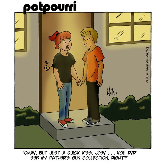 One-panel comic by Laughing Hippo Studio showing a couple holding hands with humorous dialogue about a gun collection.