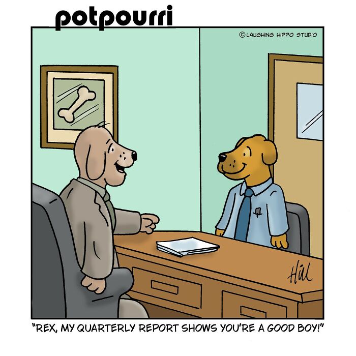 One-panel comic by Laughing Hippo Studio showing two dogs in office attire during a humorous business meeting.