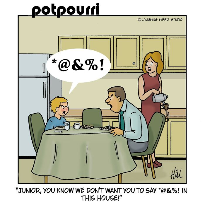 One-panel comic by Laughing Hippo Studio showing a child shouting symbols at a man while a woman pours coffee.