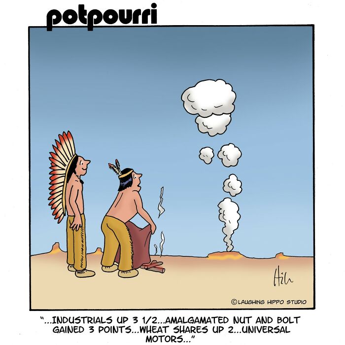 Two Native American characters watching smoke shaped like a stock market chart in a humorous one-panel comic.