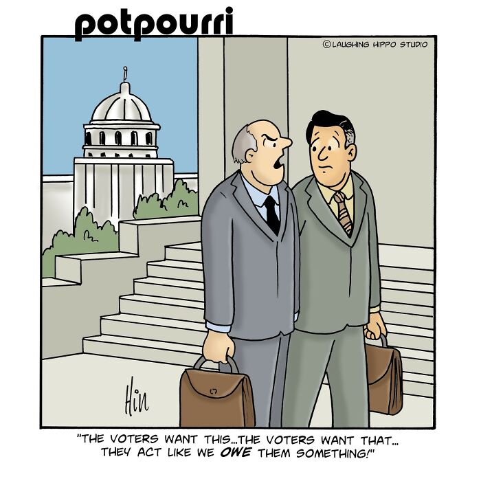 One-panel comic by Laughing Hippo Studio showing two men in suits discussing voters near government building.