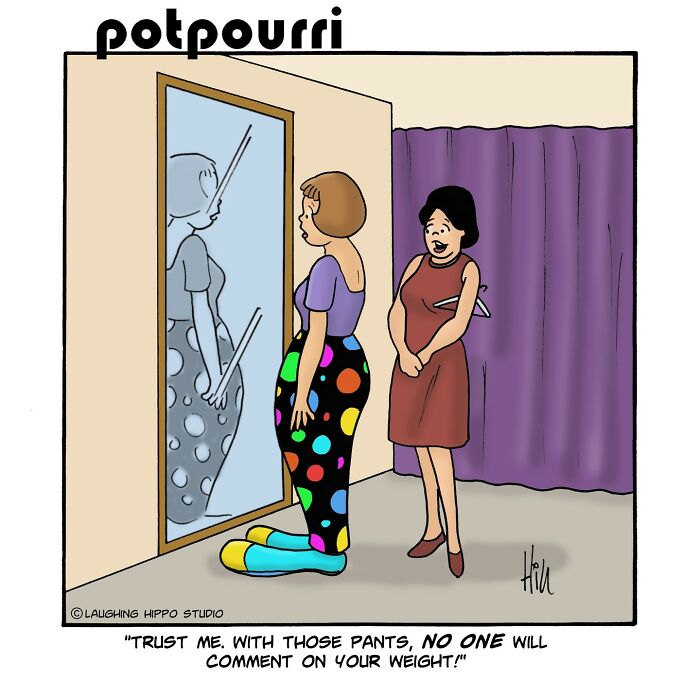 One-panel comic by Laughing Hippo Studio shows two women in a fitting room with humorous oversized pants.