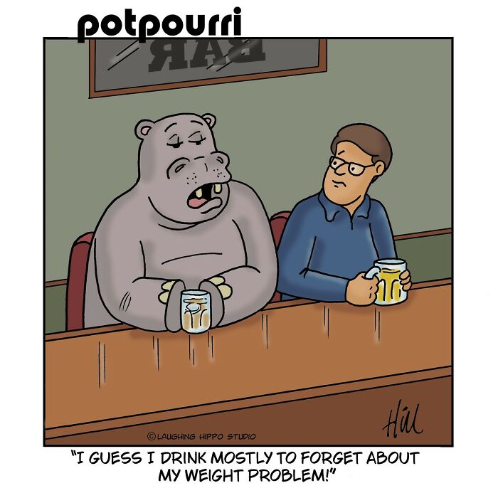 One-panel comic from Laughing Hippo Studio featuring a hippo and man drinking beers with humorous dialogue.