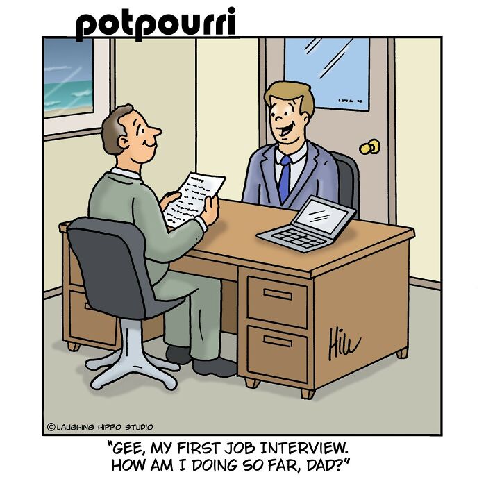 One-panel comic showing a humorous job interview scene with silly situations by Laughing Hippo Studio.
