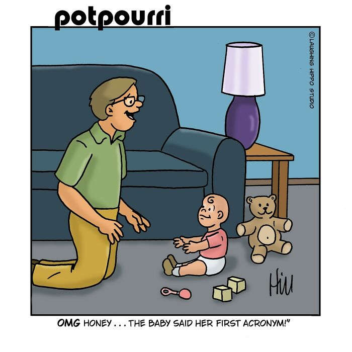 Man laughing with baby and toys in a humorous one-panel comic featuring silly situations by Laughing Hippo Studio.