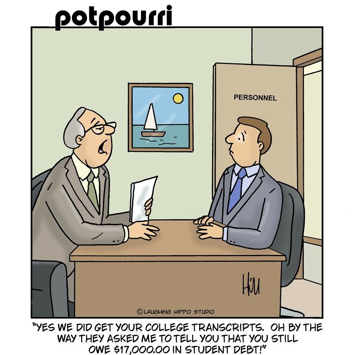 Two businessmen in suits at a personnel office desk discussing student debt in a humorous one-panel comic.