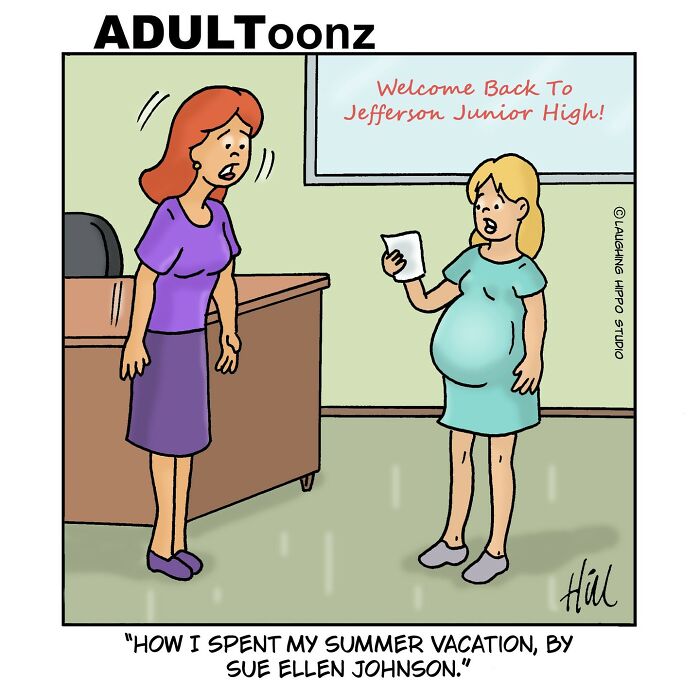 Pregnant woman reading summer vacation report to shocked teacher in humorous one-panel comic by Laughing Hippo Studio.