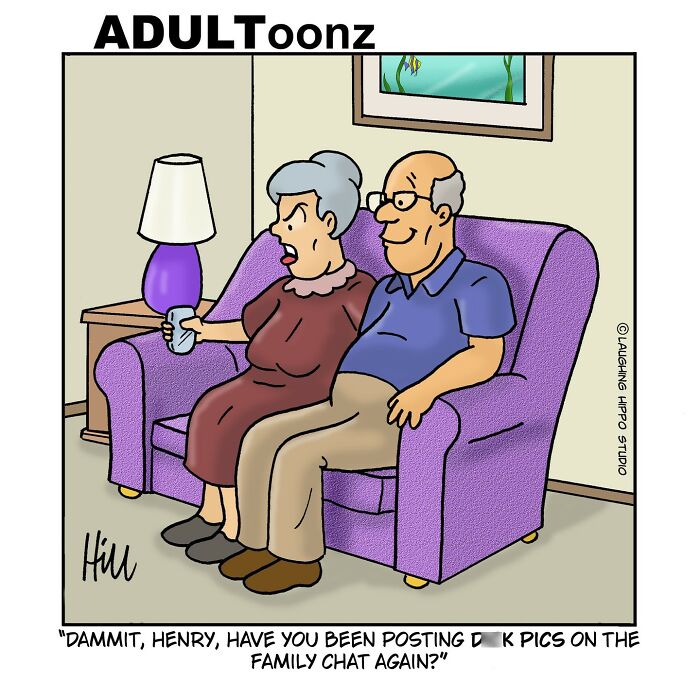 Elderly couple sitting on purple couch in humorous one-panel comic by Laughing Hippo Studio.