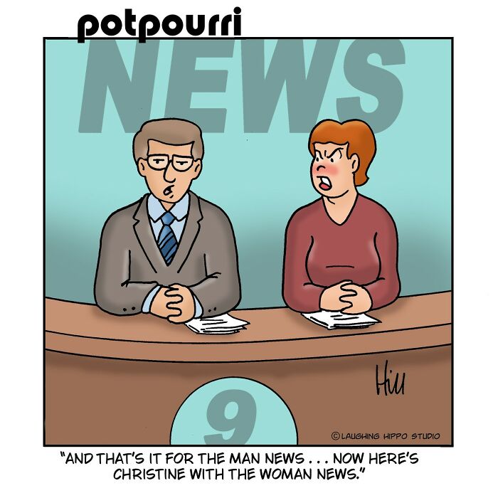 One-panel comic from Laughing Hippo Studio showing two news anchors humorously switching from man news to woman news.