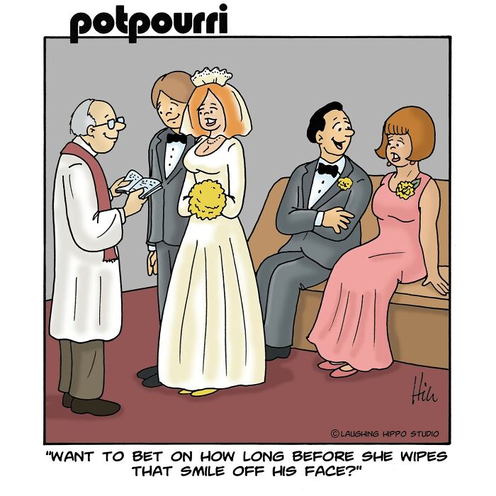 One-panel comic from Laughing Hippo Studio showing a humorous wedding scene with a bride, groom, and guests.