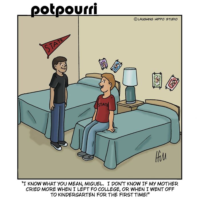 Two young men in a dorm room with college decor, humorously discussing silly situations in a one-panel comic by Laughing Hippo Studio.