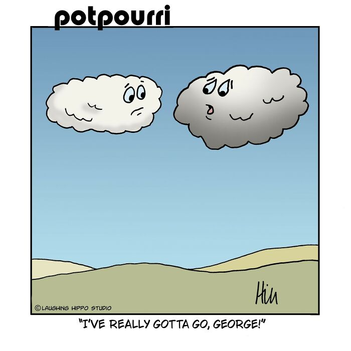 One-panel comic by Laughing Hippo Studio showing two clouds with faces in a humorous and silly situation.