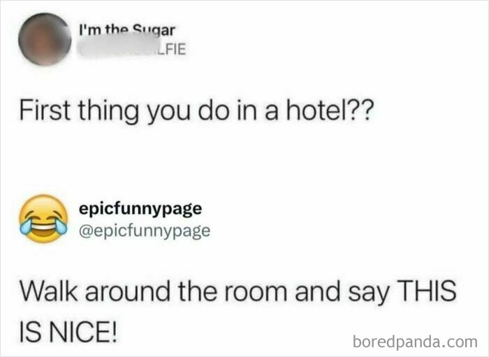 Screenshot of a funny post showing a humorous hotel check-in routine, part of entertaining posts and memes.