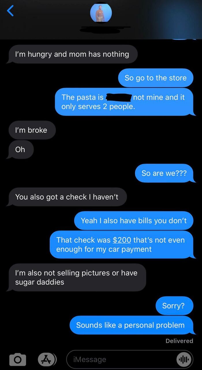 Text message exchange showing sibling shenanigans about money, food, and personal problems in a humorous conversation.
