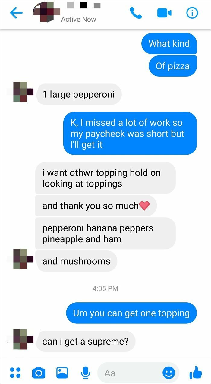 Screenshot of a sibling text conversation about ordering a pizza with multiple toppings and playful negotiation.