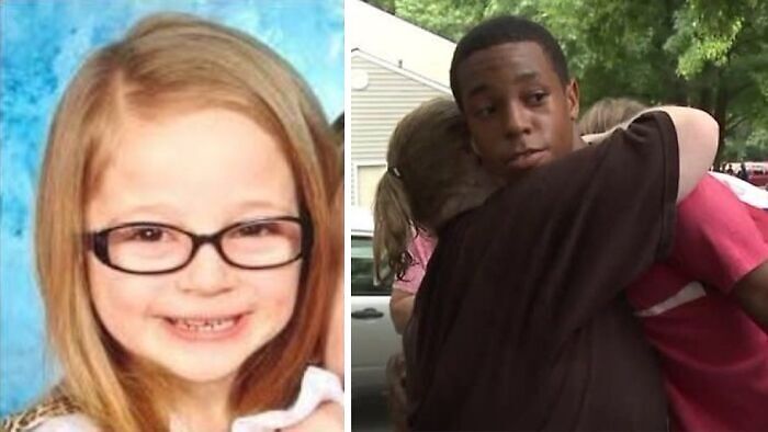 Split image showing a young girl with glasses smiling and a young man in a comforting hug, unsettling images theme.