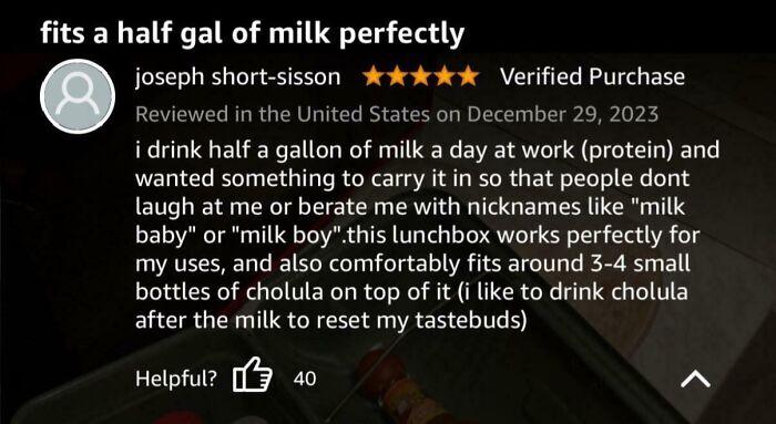 Screenshot of a humorous product review about a lunchbox perfectly fitting half a gallon of milk.