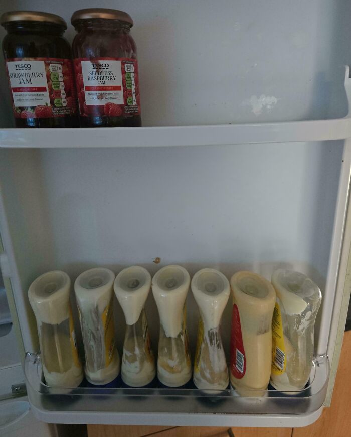 Multiple squeezed condiment bottles lined up in a fridge door shelf, showcasing sibling shenanigans and food mess.