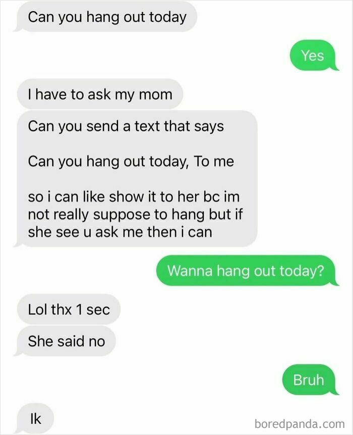 Text message conversation showing a humorous exchange about asking permission to hang out, related to entertaining posts and memes.