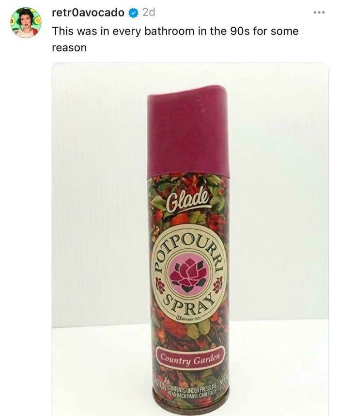 Vintage 90s Glade potpourri spray bottle with floral design, a nostalgic bathroom staple from the 1990s.