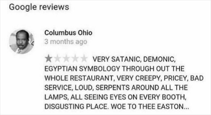 Google review showing an example of an immaculate sense of humor in a creative and funny product and service review.