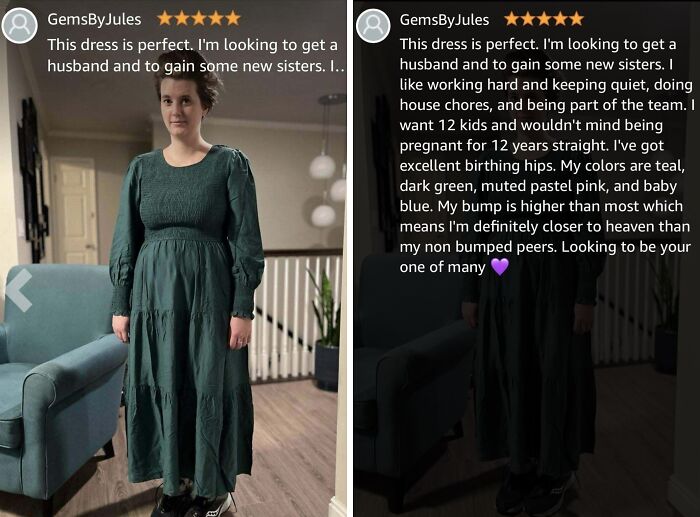 Woman wearing a green dress posing indoors beside a couch, showcasing an example of humor in product and service reviews.