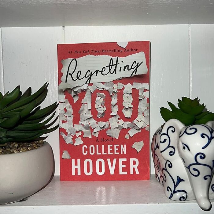 Book titled Regretting You by Colleen Hoover displayed between two succulent plants, highlighting Amazon best seller list.