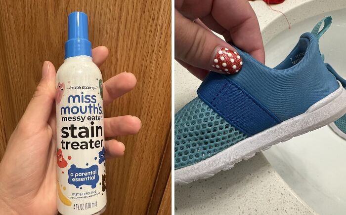 Hand holding Miss Mouth's stain treater spray and a close-up of a blue athletic shoe from Amazon best seller list.