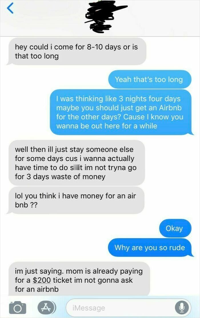 Text message conversation showing sibling shenanigans about visit length and Airbnb expenses in a humorous exchange.