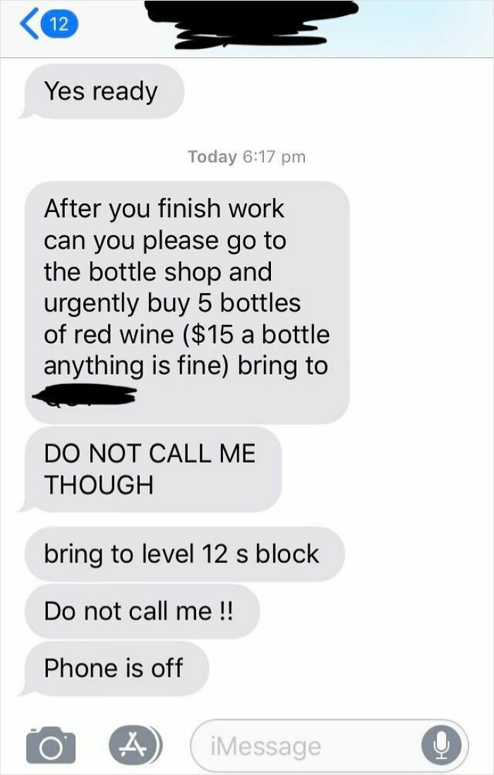 Text conversation showing a sibling asking for wine urgently and insisting not to call during the exchange.