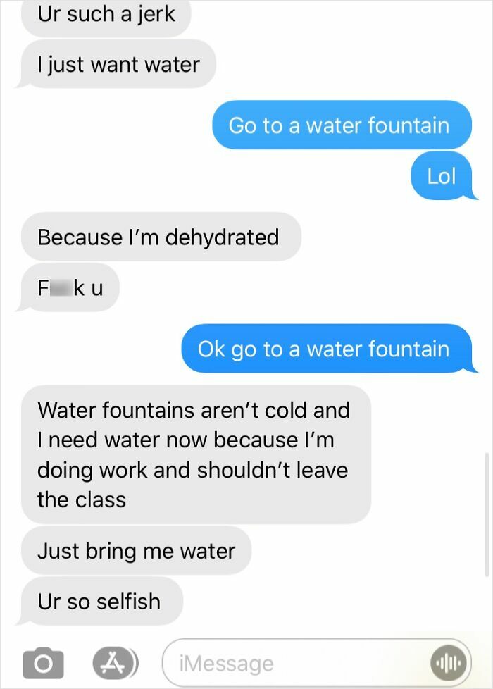Sibling text conversation showing demands and frustration over water, highlighting typical sibling shenanigans and conflicts.