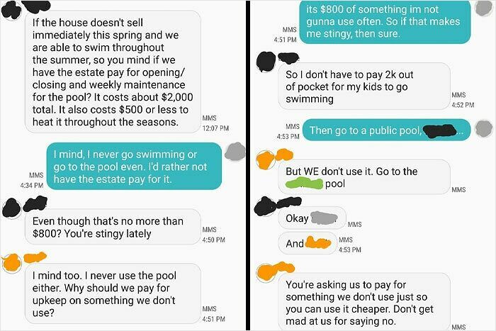 Text message conversation about a sibling dispute over paying for pool maintenance and swimming expenses.