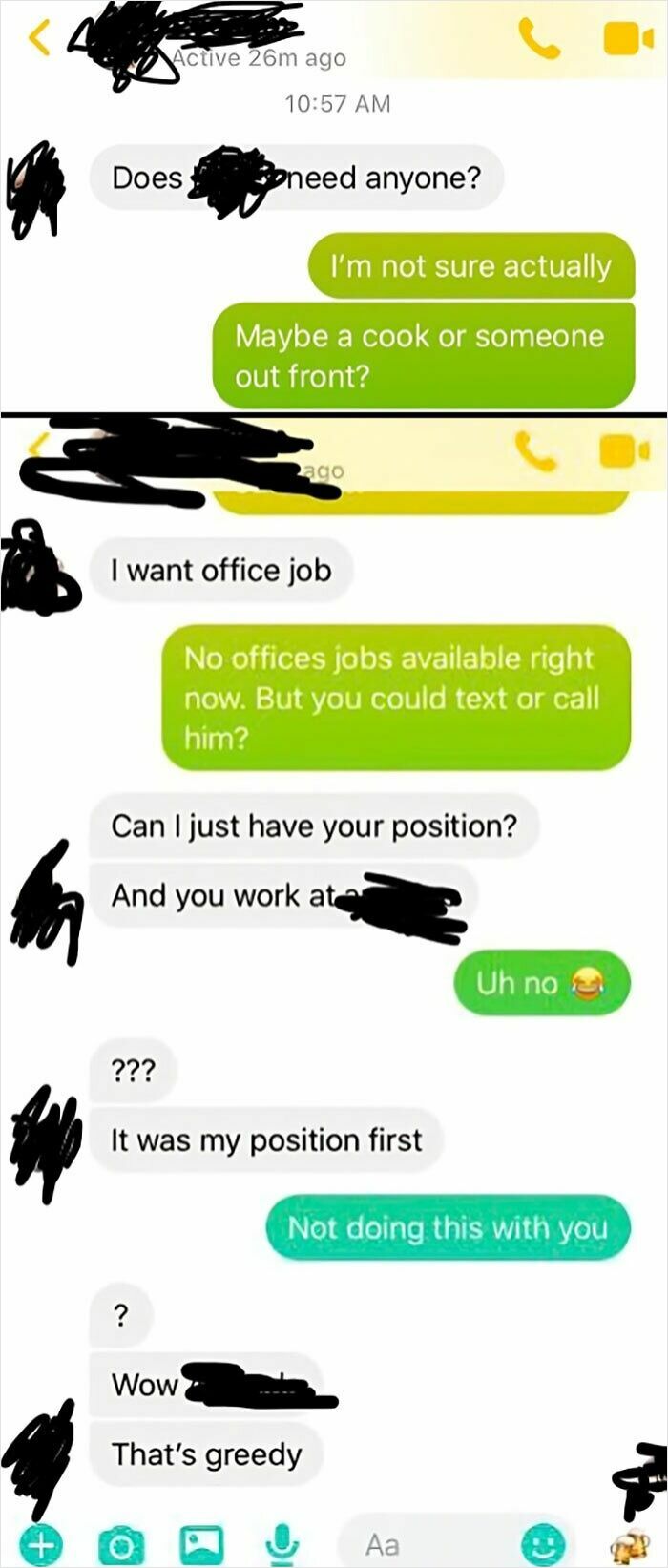 Text message conversation showing sibling shenanigans about job positions and playful demands for work roles.