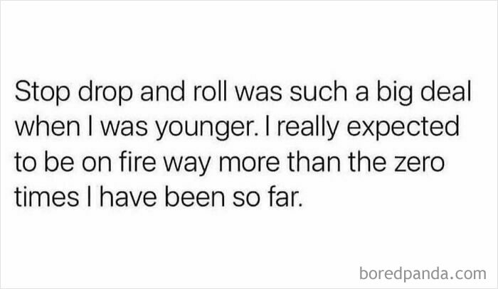 Text post about stop drop and roll fire safety with nostalgic humor for Official 90s Nostalgia Club fans.