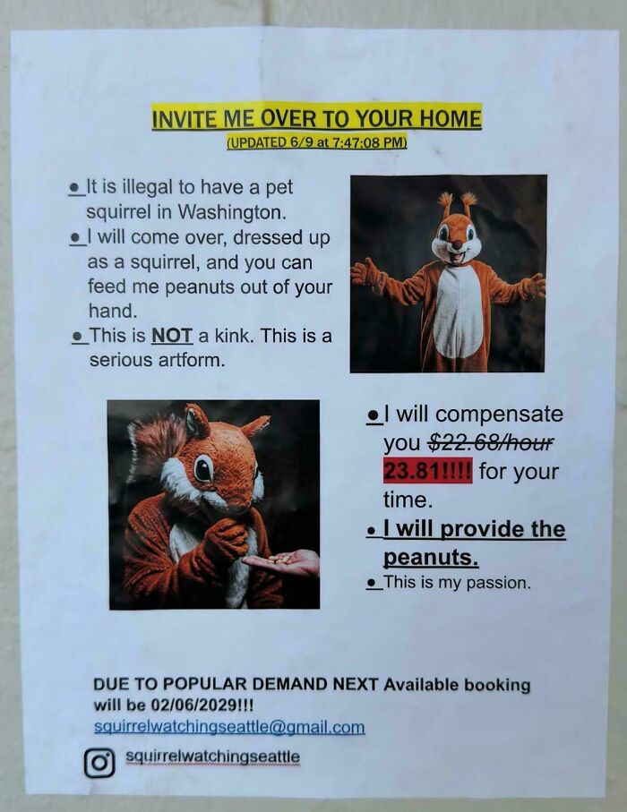Funny flyer shows a person offering to visit dressed as a squirrel, feeding peanuts, showcasing witty humor and creativity.