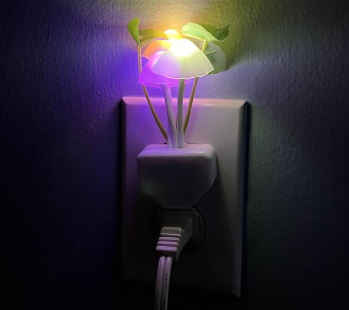 Night light shaped like glowing mushrooms with plant details plugged into a wall outlet, an impulse buy worth considering.
