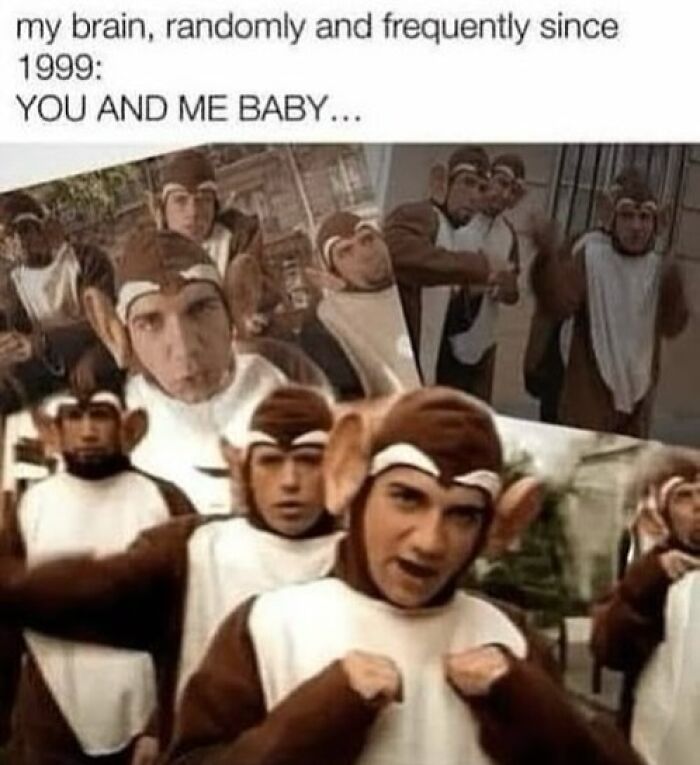 Group of people in monkey costumes in a nostalgic 90s moment referencing Official 90s Nostalgia Club and good old times.