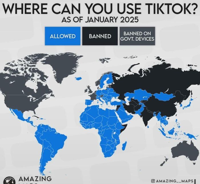 World map showing countries where TikTok is allowed, banned, or restricted on government devices as of January 2025.