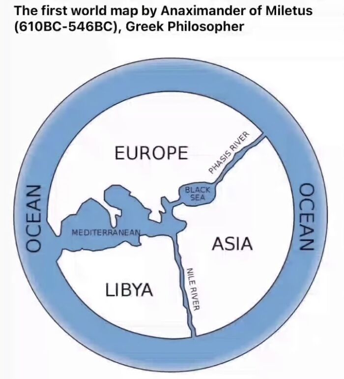 Ancient world map by Anaximander showing Europe, Asia, and Libya surrounded by ocean, a unique geography fact and map.