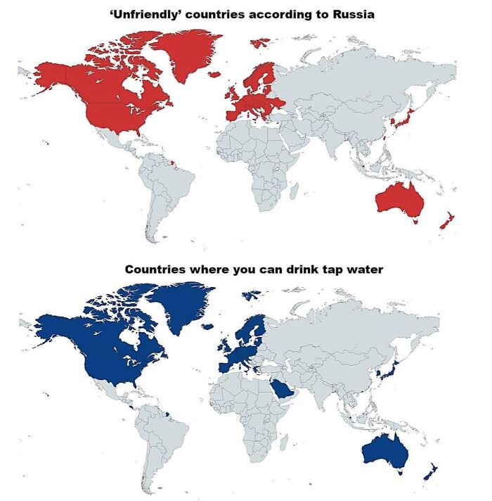 World maps showing geography facts with countries marked as unfriendly according to Russia and where tap water is safe to drink.