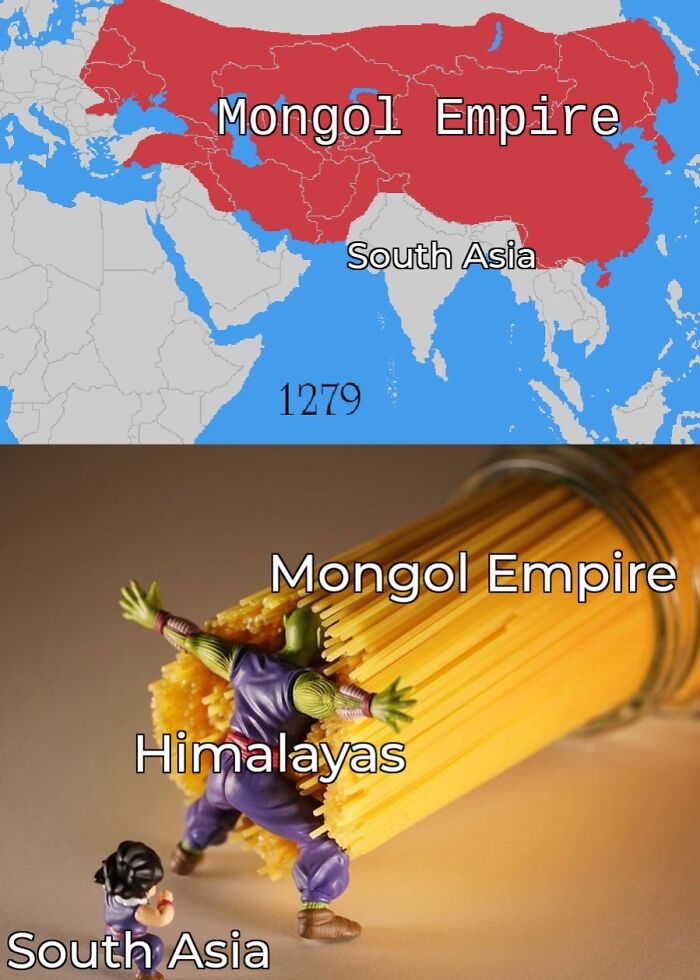 Map and creative visual showing Mongol Empire, South Asia, and Himalayas illustrating cool geography facts and maps.